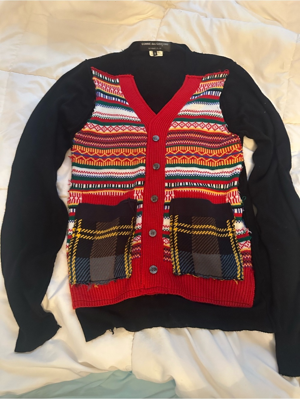 Comme des Garcons Red Multicolor Patterned V-Neck Cardigan